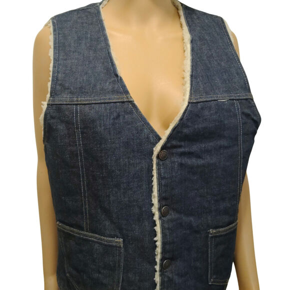 1960s Blue Denim Western Sherpa Vest Seams Brass Snaps Closure Pockets Size Med - Picture 2 of 9